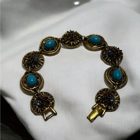 ART Arthur Pepper Antique Gold Tone Blue Cab. & Crystal Bracelet 7” - Picture 4 of 9